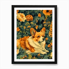 Corgi In The Garden Inspired by William Morris Art Print