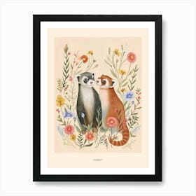 Folksy Floral Animal Drawing Ferret 4 Poster Art Print