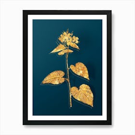 Vintage Morning Glory Flower Botanical in Gold on Teal Blue n.0204 Art Print