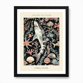 Zebra Shark Seascape Black Background Illustration 1 Poster Art Print