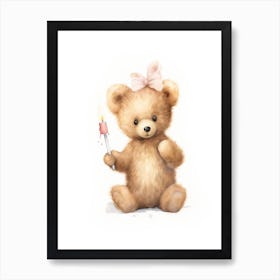 Table Tennis Teddy Bear Painting Watercolour 1 Art Print