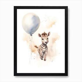 Baby Zebra Flying With Ballons, Watercolour Nursery Art 4 Art Print