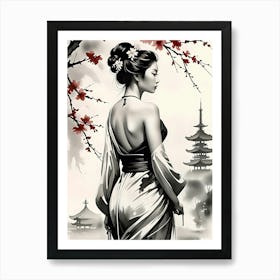 Geisha and Pagoda Japanese Art Art Print