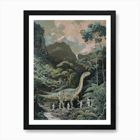 Paleontologists Observing A Dinosaur In The Jungle Painting Art Print