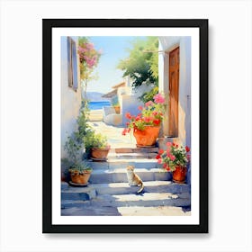 Cat On The Steps Mediterranean 1 Art Print