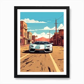 A Lamborghini Aventador Car In Route 66 Flat Illustration 3 Art Print