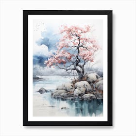 Pink Cherry Tree, Japanese Brush Painting, Ukiyo E, Minimal 3 Art Print
