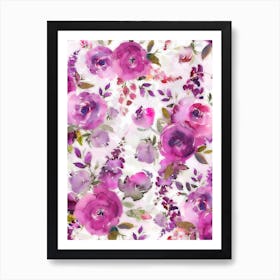 Lush Purple Watercolor Roses Art Print