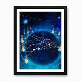 Abstract Digital Painting Featuring An Interconnected Web Of Telecom Cables And Satellites Symbolizi (2) Art Print