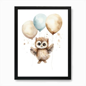 Baby Owl Flying With Ballons, Watercolour Nursery Art 2 Art Print