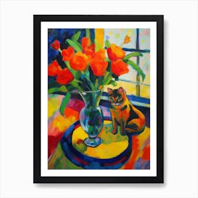 Freesia With A Cat 4 Fauvist Style Painting Póster