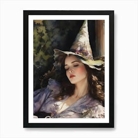 Sleeping Beauty - Bed Witch - Beautiful Woman Napping Wearing a Witches Hat in the Sunlight, Witchy Pagan Fairytale Watercolor Artwork by Lyra the Lavender Witch - Spoonie Tired Girl Wicca Magical Lilac Witchcraft in the Style of Romantic Gothic Period Drama HD Art Print