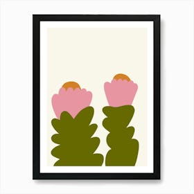 Two Big Flowers Pink Green Naïf Art Print