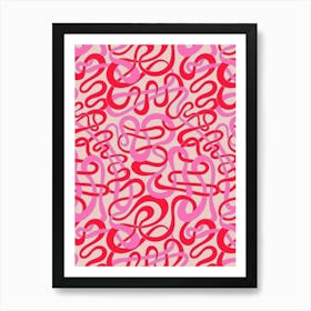 MY STRIPES ARE TANGLED Curvy Organic Abstract Squiggle Shapes in Vintage Glam Fuchsia Pink Red Lavender Purple on Light Pink Art Print