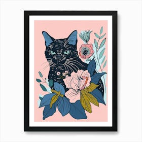 Cute Russian Blue Cat With Flowers Illustration 2 Art Print