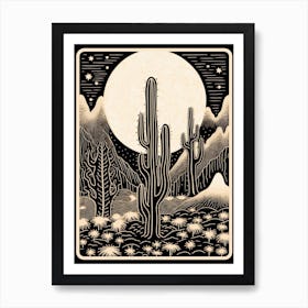 B&W Cactus Illustration Moon Cactus 3 Art Print