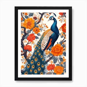 Peacock Vintage Wallpaper Style With Orange Flowers Art Print