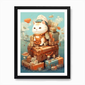 Kawaii Cat Drawings Traveling 2 Art Print