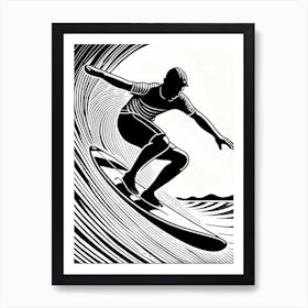 Linocut Black And White Surfer On A Wave art, surfing art, 238 Art Print