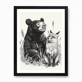 Malayan Sun Bear And A Fox Ink Illustration 1 Art Print