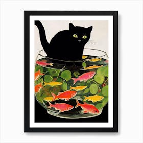 A Black Cat And Goldfish In A Bowl Illustration Matisse Style 2 Art Print
