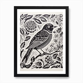 B&W Bird Linocut Bluebird 2 Art Print