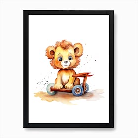 Baby Lion On A Toy Car, Watercolour Nursery 2 Art Print