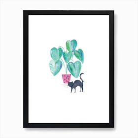 Painted Black Cat And House Plant Art Print