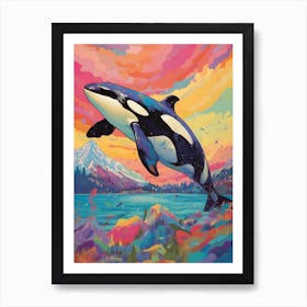 Vivid Surreal Rainbow Orca Whale With Mountain 2 Art Print