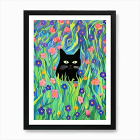 Black Cat In A Flower Field Colourful Painting Art Print