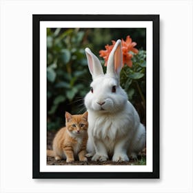 Cute Rabbit And Kitten 1 Art Print