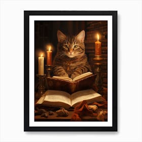 Cat Reading A Book In A Medieval Library 1 Art Print