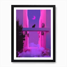 Black Cat And Pink Moon Art Print