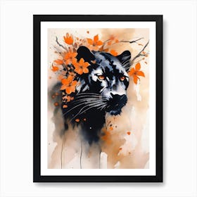 Panther Abstract Orange Flowers Painting (6) Art Print