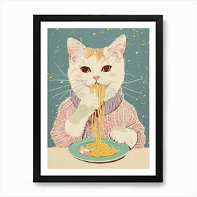 White And Tan Cat Pasta Lover Folk Illustration 1 Art Print