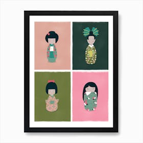 Kokeshi Dolls Pink Green Art Print