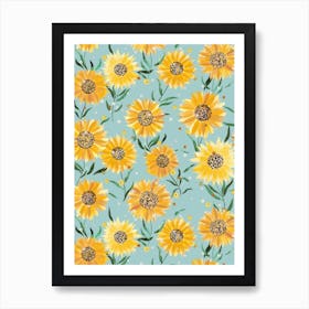 Summer Happy Sunflowers Blue Art Print