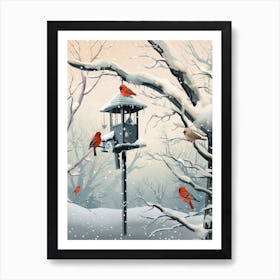 Bird House Winter Snow Illustration 5 Art Print