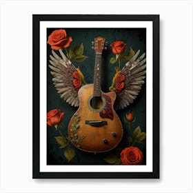 Guitar With Wings And Roses Art Print