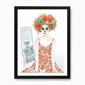 Girl With Large Eyes Adorned With A Wreath Of Orange And White Flowers In Her Curly Hair Wears A F Art Print