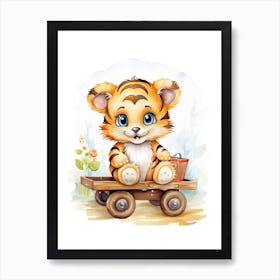 Baby Tiger On A Toy Car, Watercolour Nursery 4 Art Print