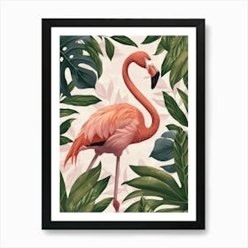 Jamess Flamingo And Philodendrons Minimalist Illustration 2 Art Print
