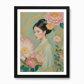 Woman With Flowers In Pastel Art Print