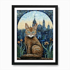 Mosaic Cat With Medieval Church In Background Art Print