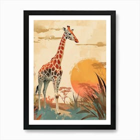 Giraffe In The Sunset Textured Illustration Art Print