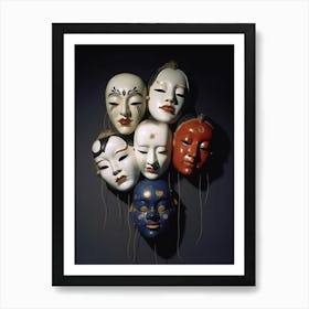 Noh Masks Japanese Style Illustration 17 Art Print