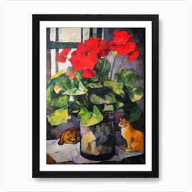 Flower Vase Anthurium With A Cat 3 Impressionism, Cezanne Style Art Print