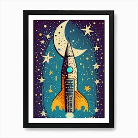 Whimsical Rocket Launch with Moon and Stars Art Print