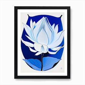 Lotus And Butterfly Symbol Blue And White Line Drawing Art Print