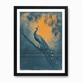 Vintage Orange & Navy Blue Peacock On A Tree Branch 4 Art Print